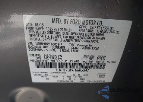 2015 Lincoln Mks from USA, damaged, VIN 1LNHL9EK9FG605347